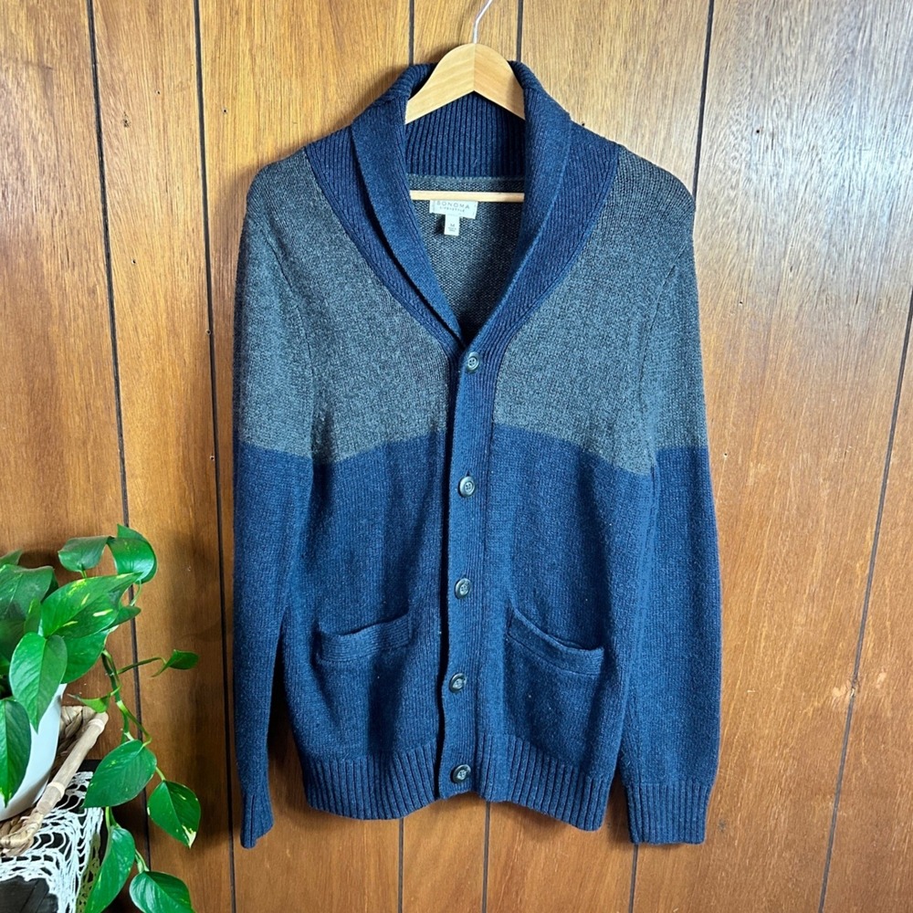 Mens Cardigan Sweater‎ Blue Gray Button Academia Heritage